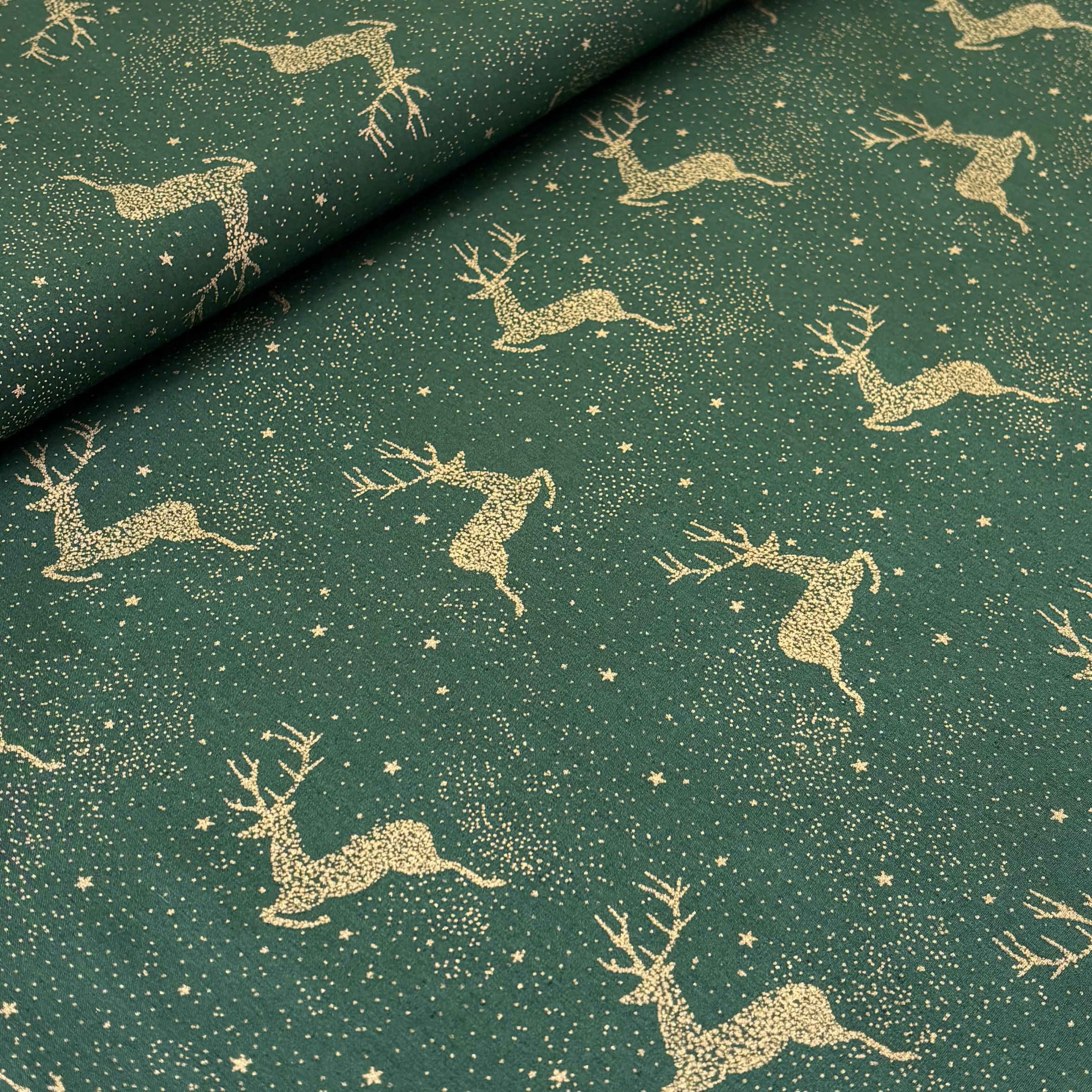 Baumwolle Weihnachtsstoff grün gold mit Rentier