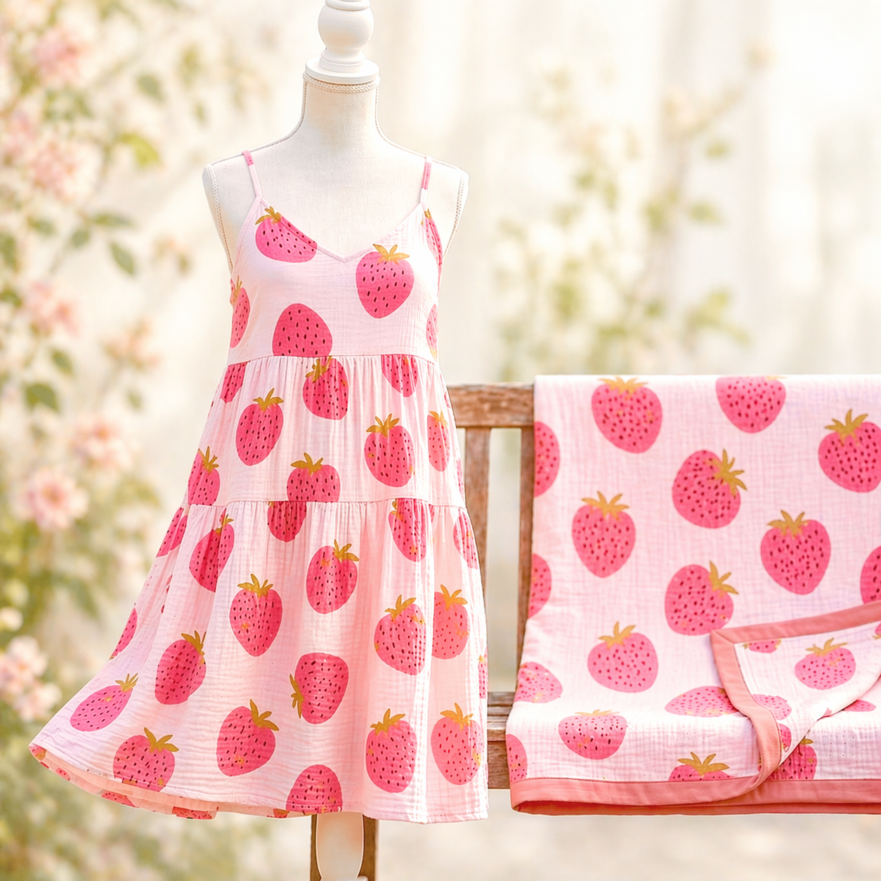 Mullstoff Musselinstoff Double Gauze Musselin rosa mit Erdbeeren