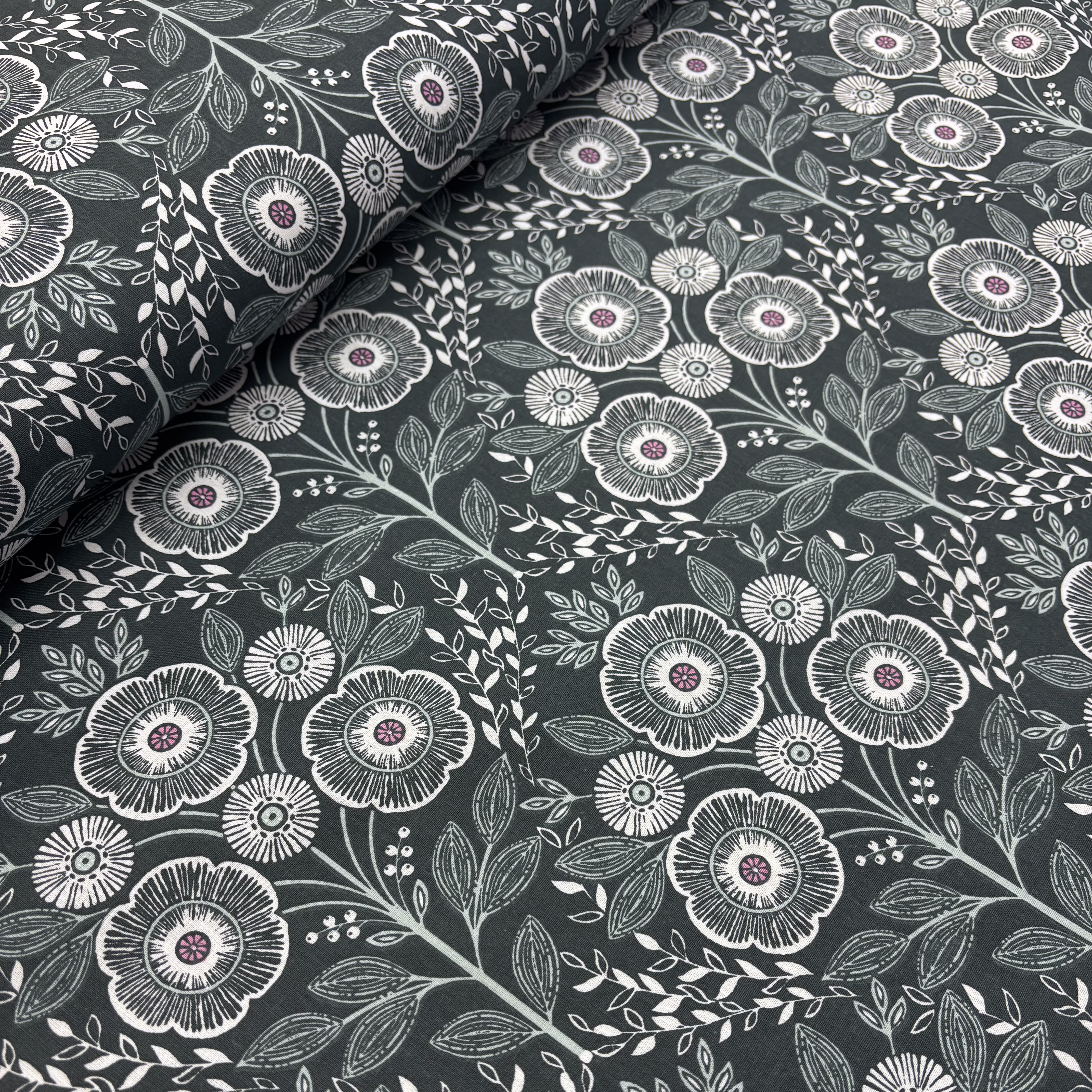 Baumwolle petrol mit Blumen