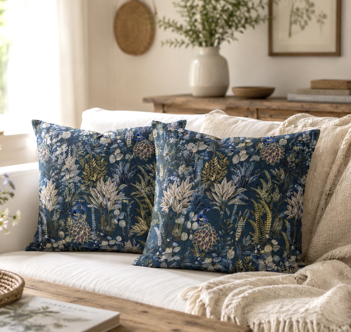 Jacquard Dekostoff blau grün gemustert mit Pfau