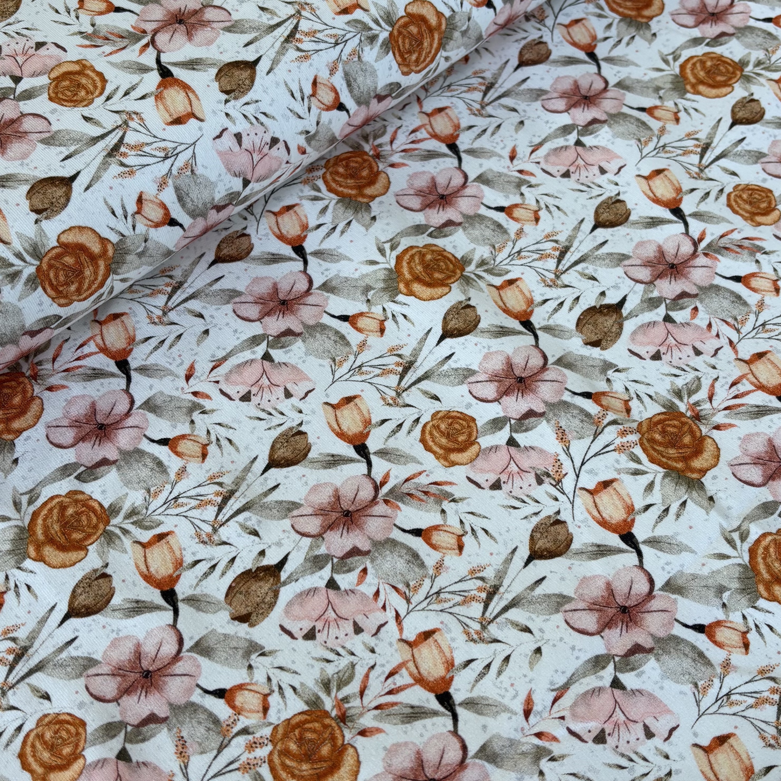 Jersey French Terry ecru weiß mit herbstlichen Blumen 