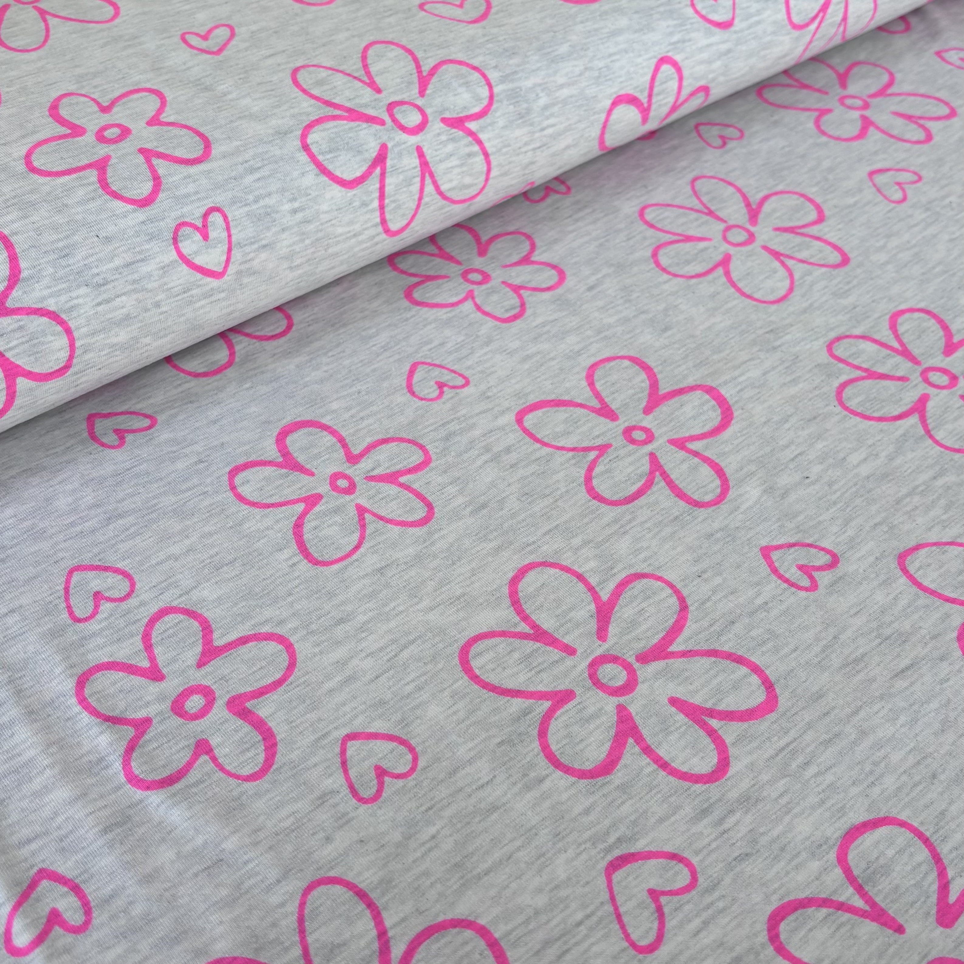 Jersey Jerseystoff grau meliert mit Neon Blumen