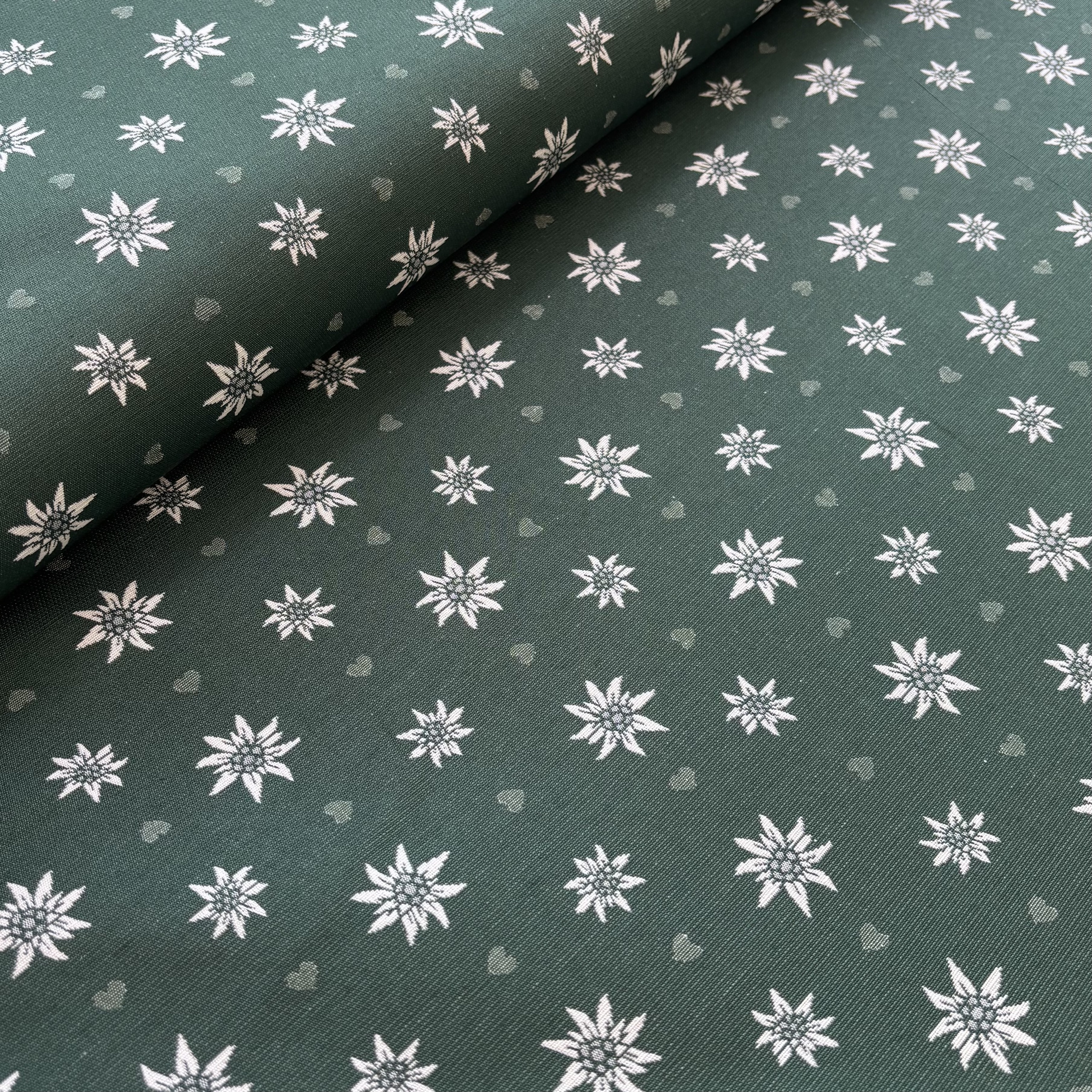 Jacquard Trachtenstoff grün mit Edelweiß