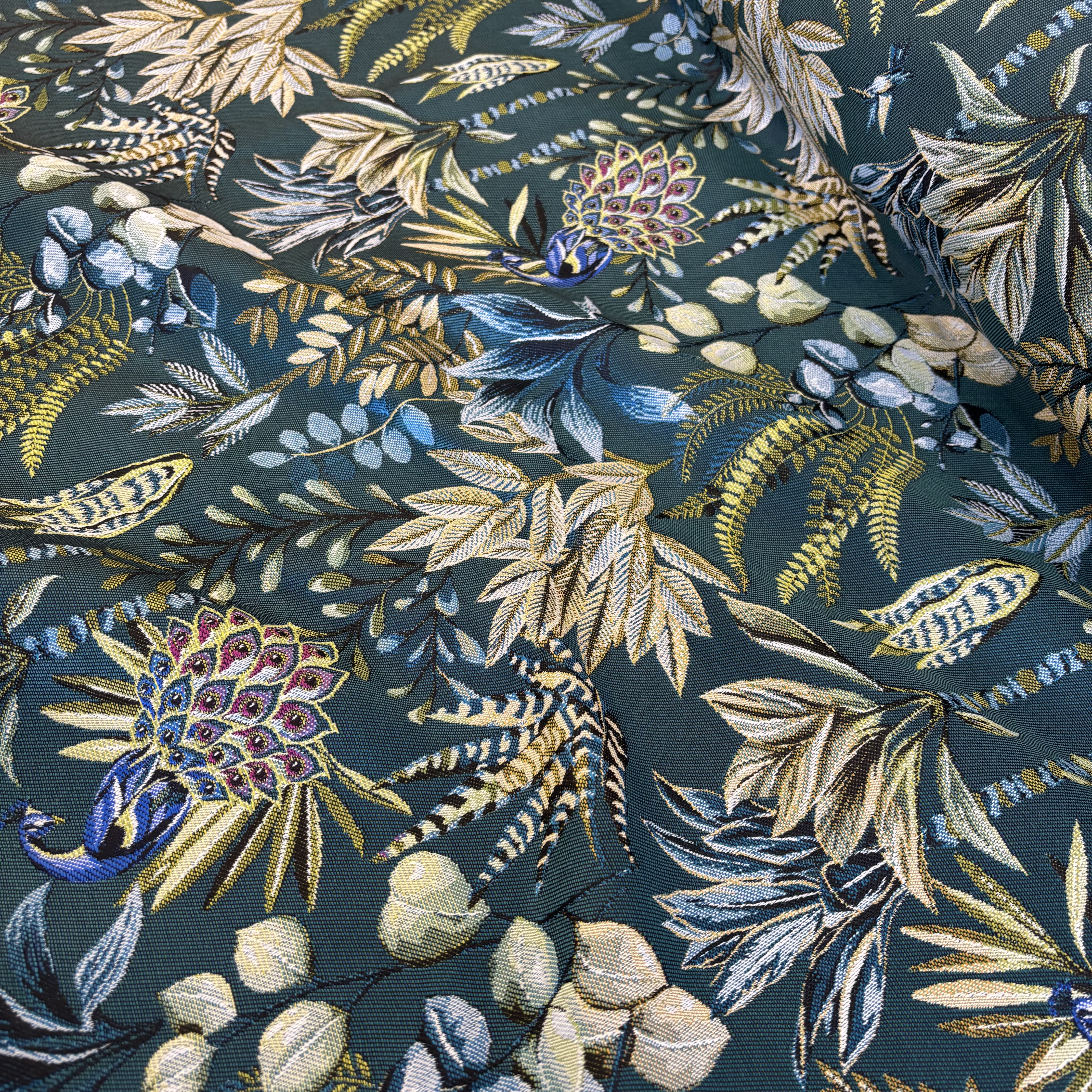 Jacquard Dekostoff petrol mit Pfau