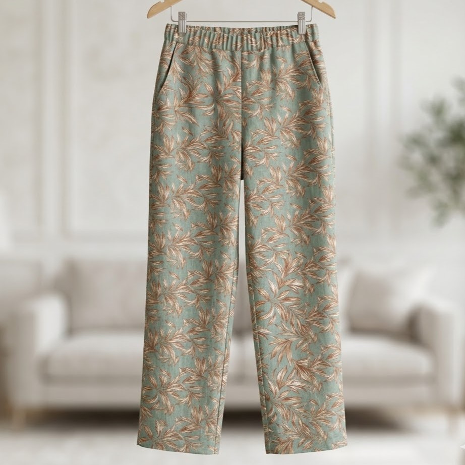 Leinen Viskose mint apricot Blättermuster