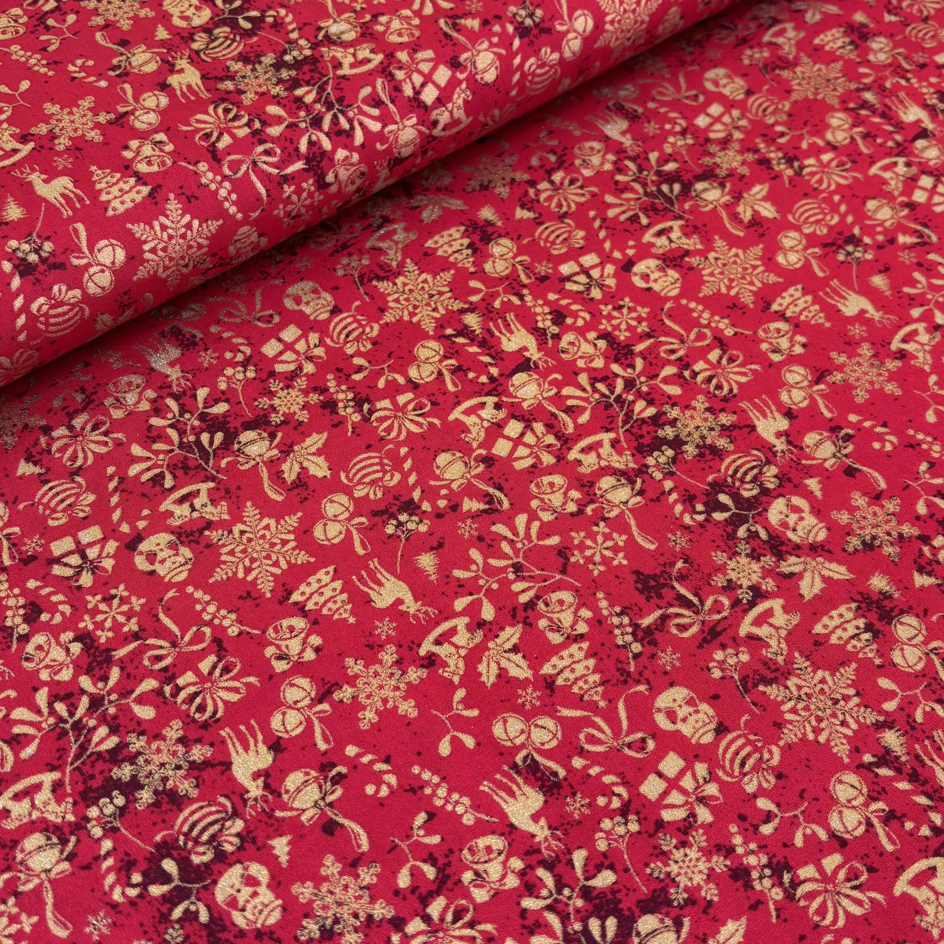 Baumwolle Weihnachtsstoff rot gold gemustert