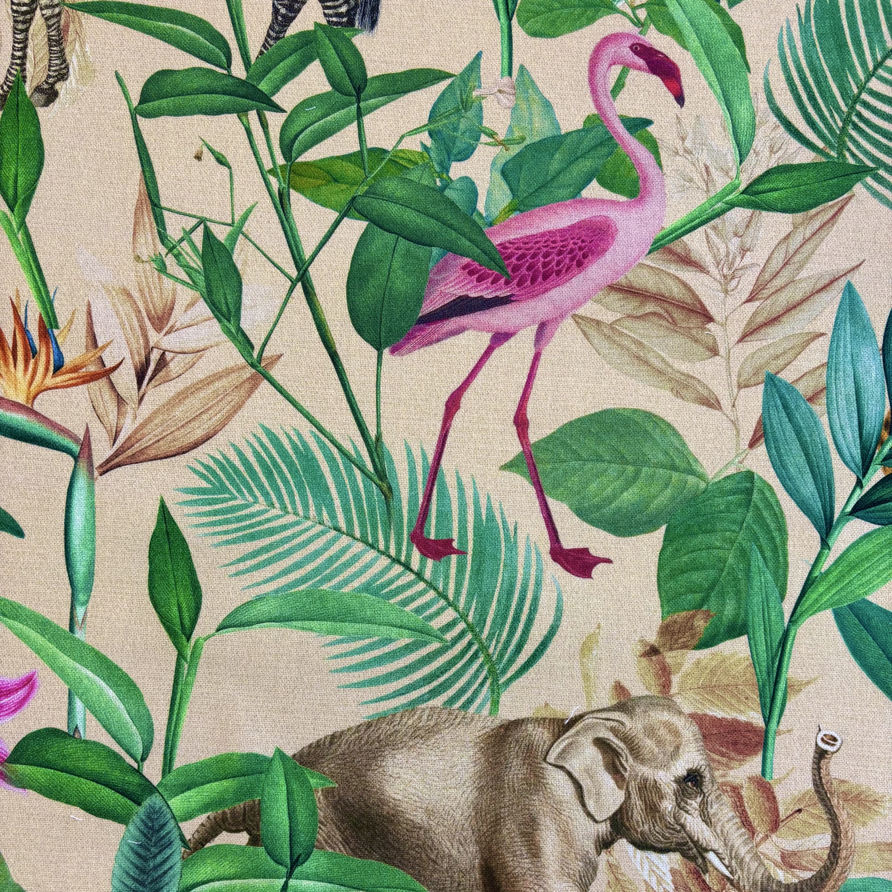 Canvas Baumwollstoff beige mit tropischen Tieren und Blättern
