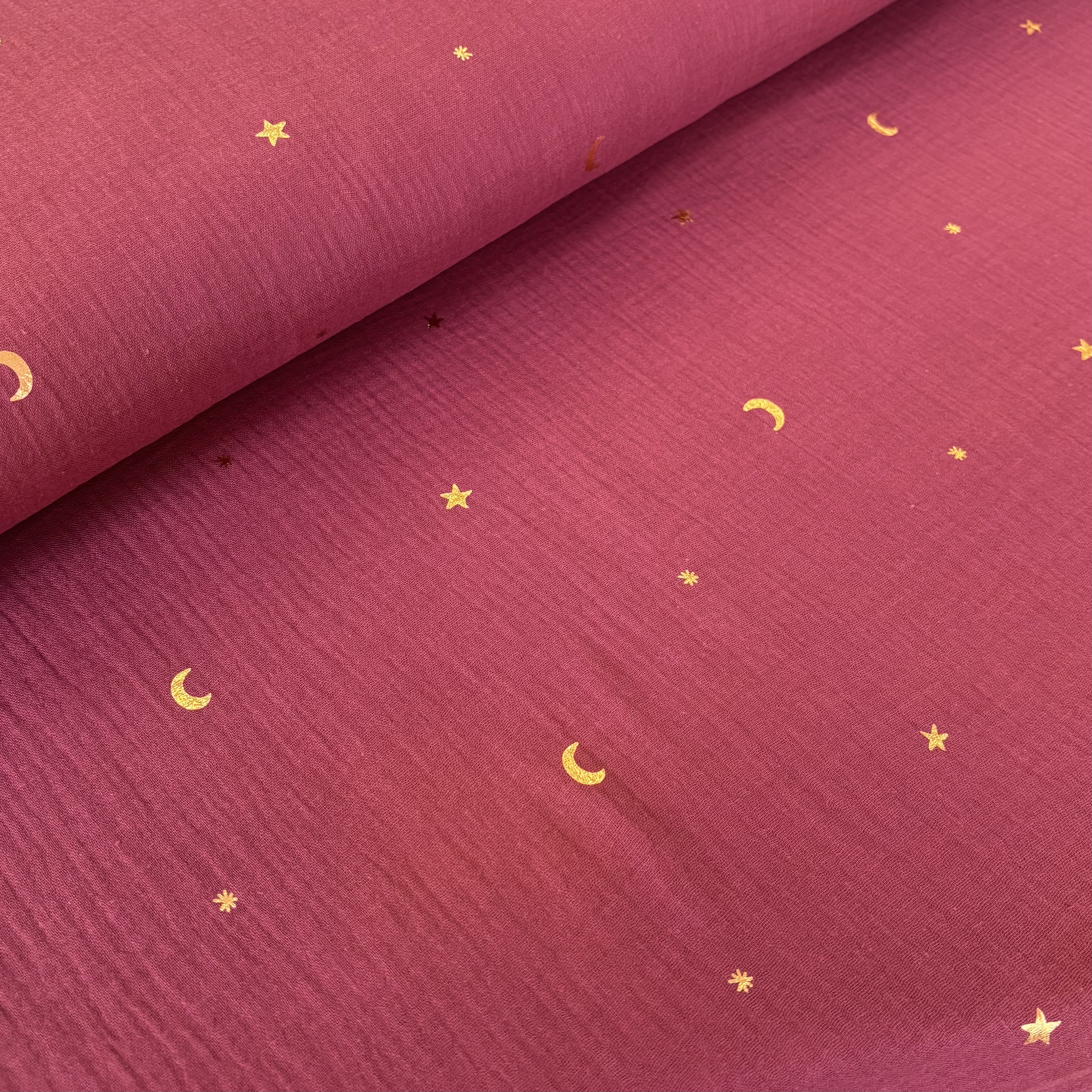 Musselin Double Gauze rot mit goldenen Sternen und Mond