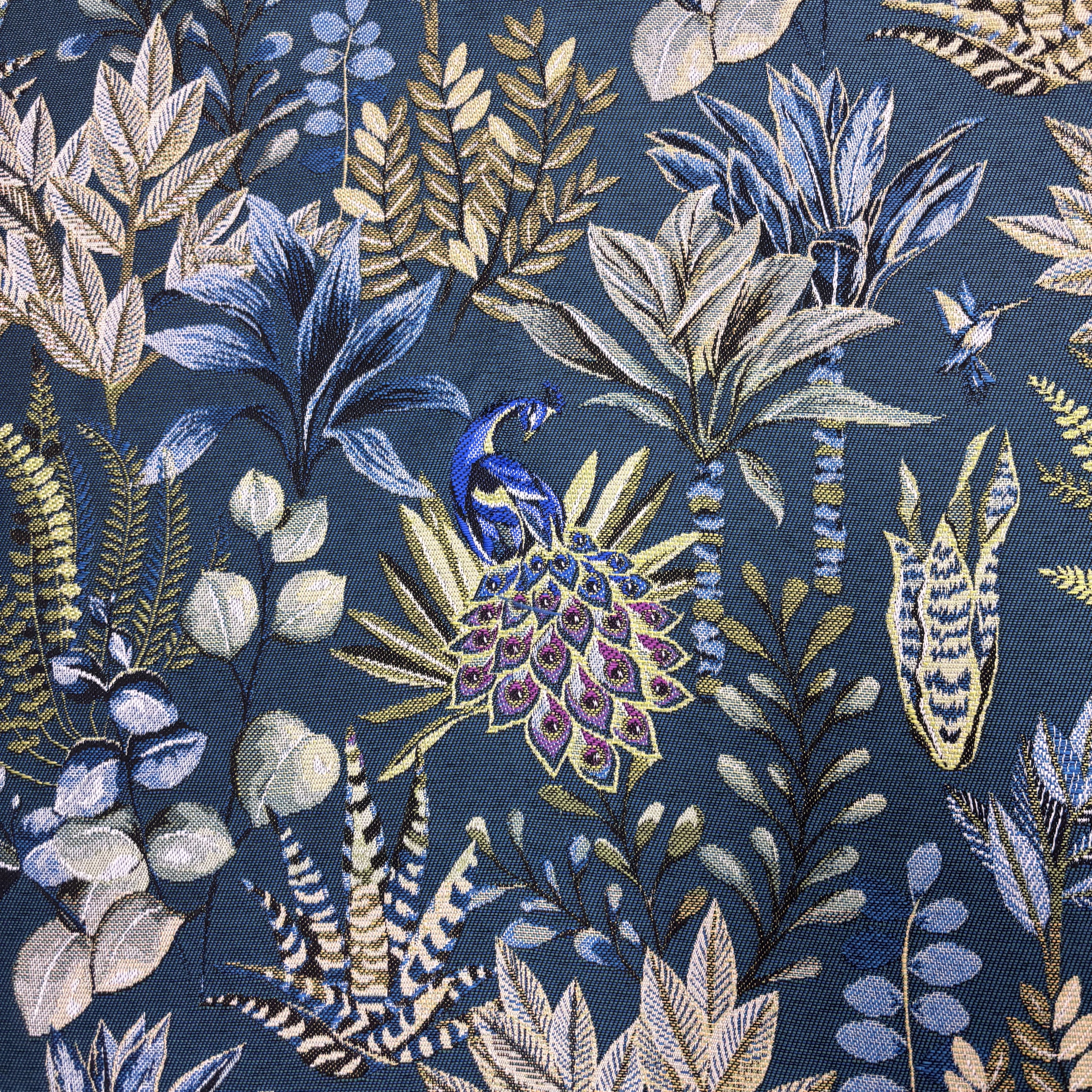 Jacquard Dekostoff blau grün gemustert mit Pfau