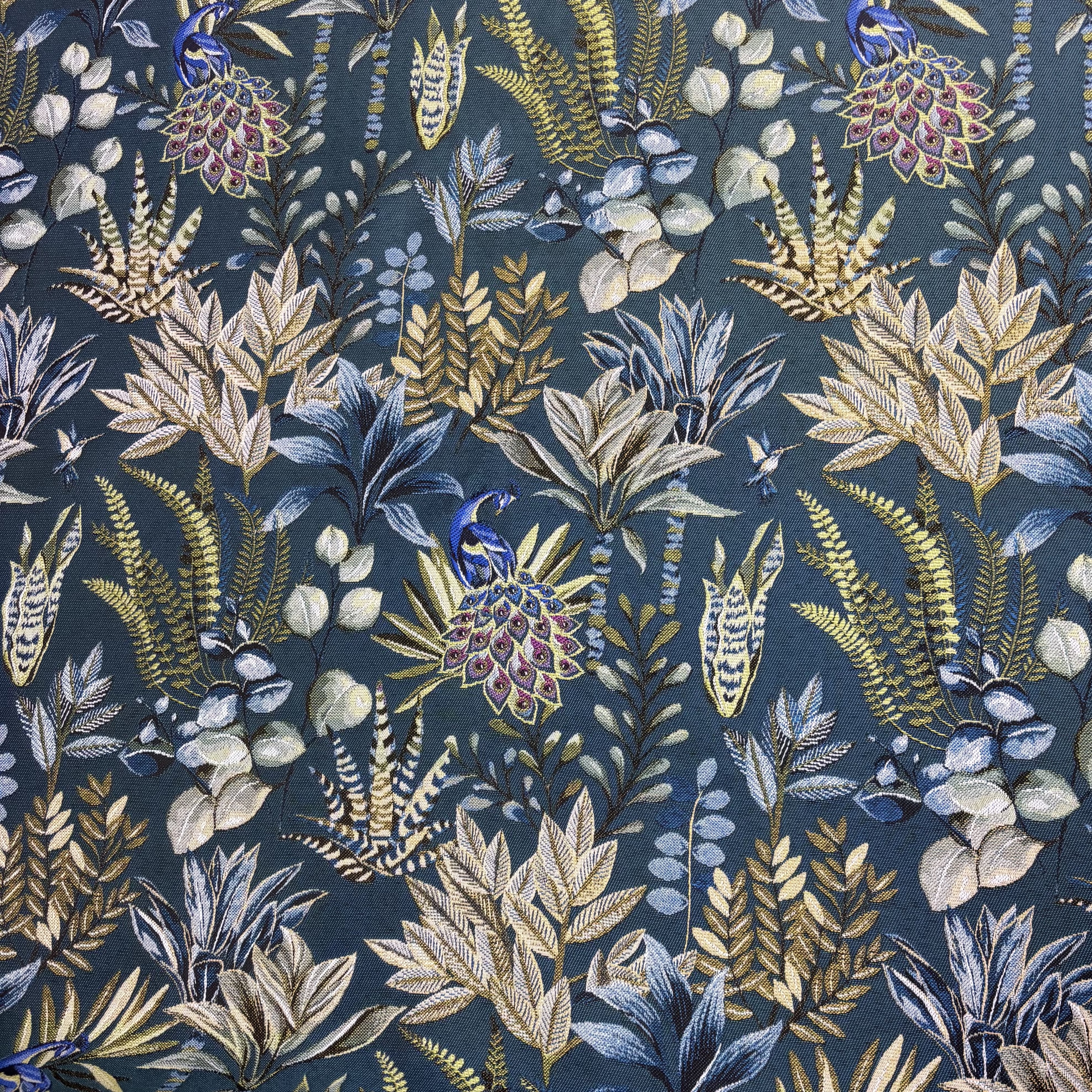 Jacquard Dekostoff blau grün gemustert mit Pfau
