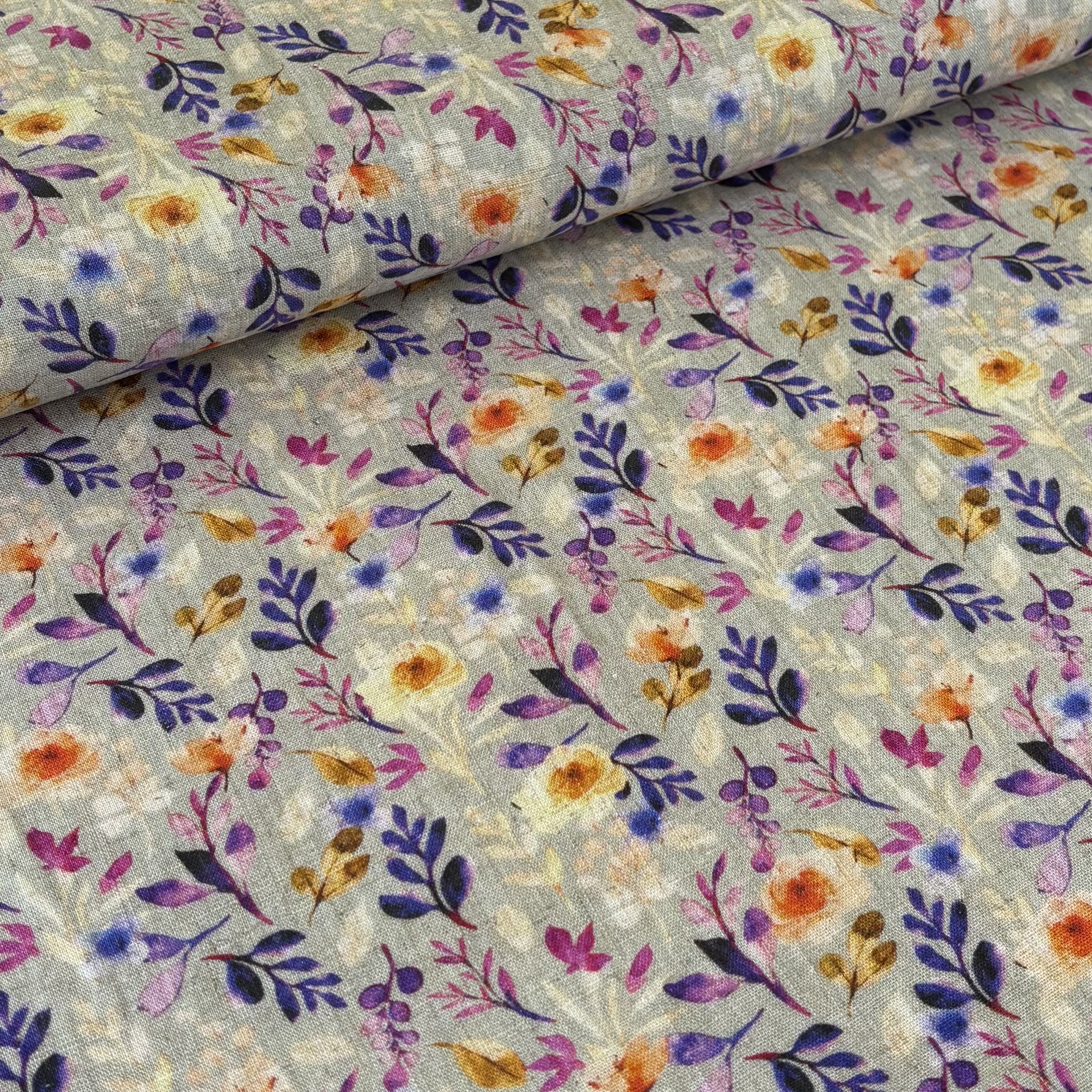 Leinen Viskose natural mit bunten Blumen